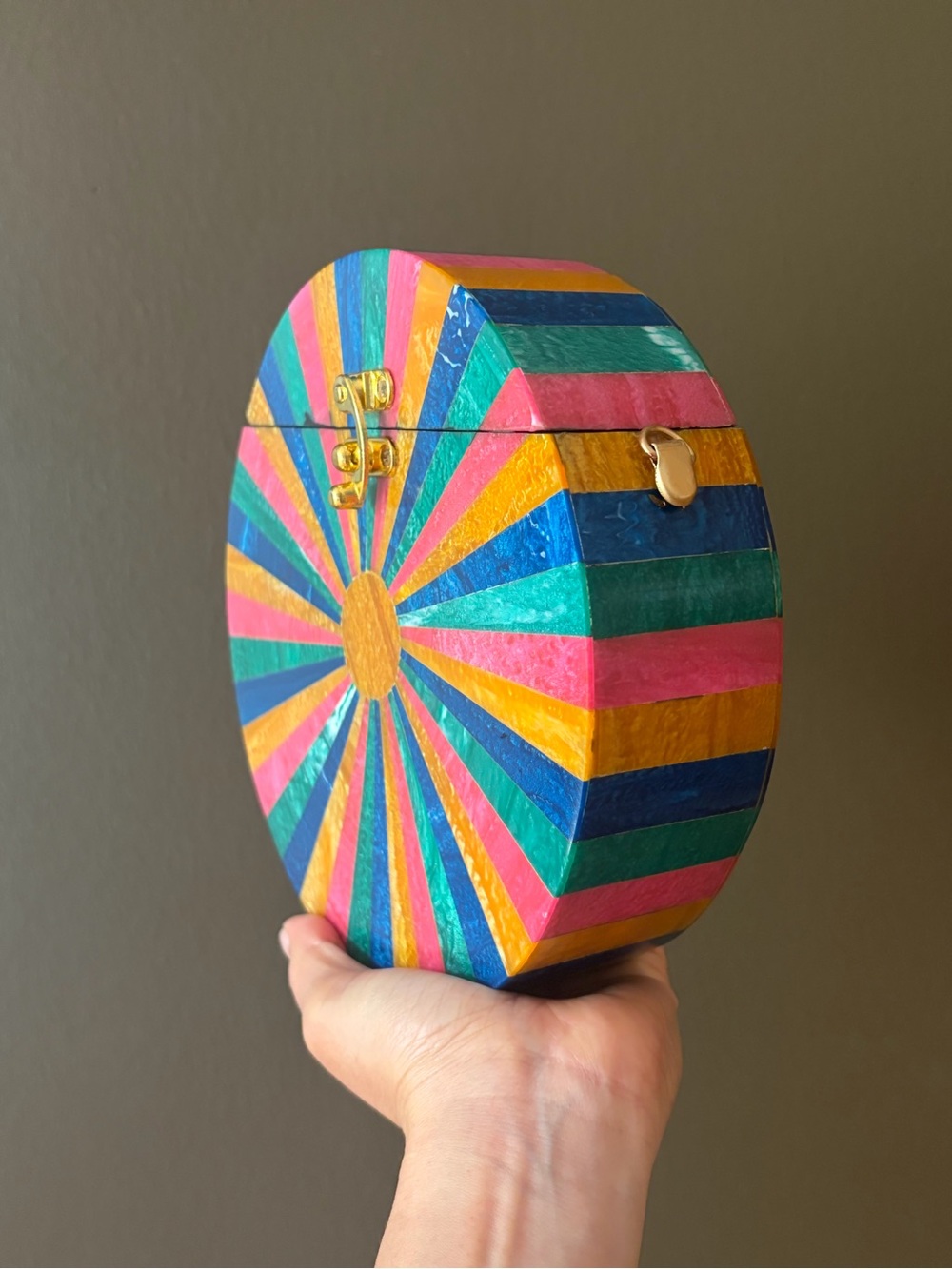 Rainbow Sunburst Acrylic Box Clutch | Round Statement Bag | Gold Chain - Picture 3 of 7